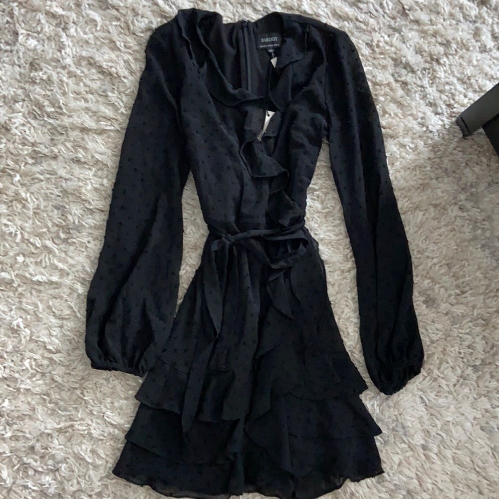 Black long sleeve frill mini dress